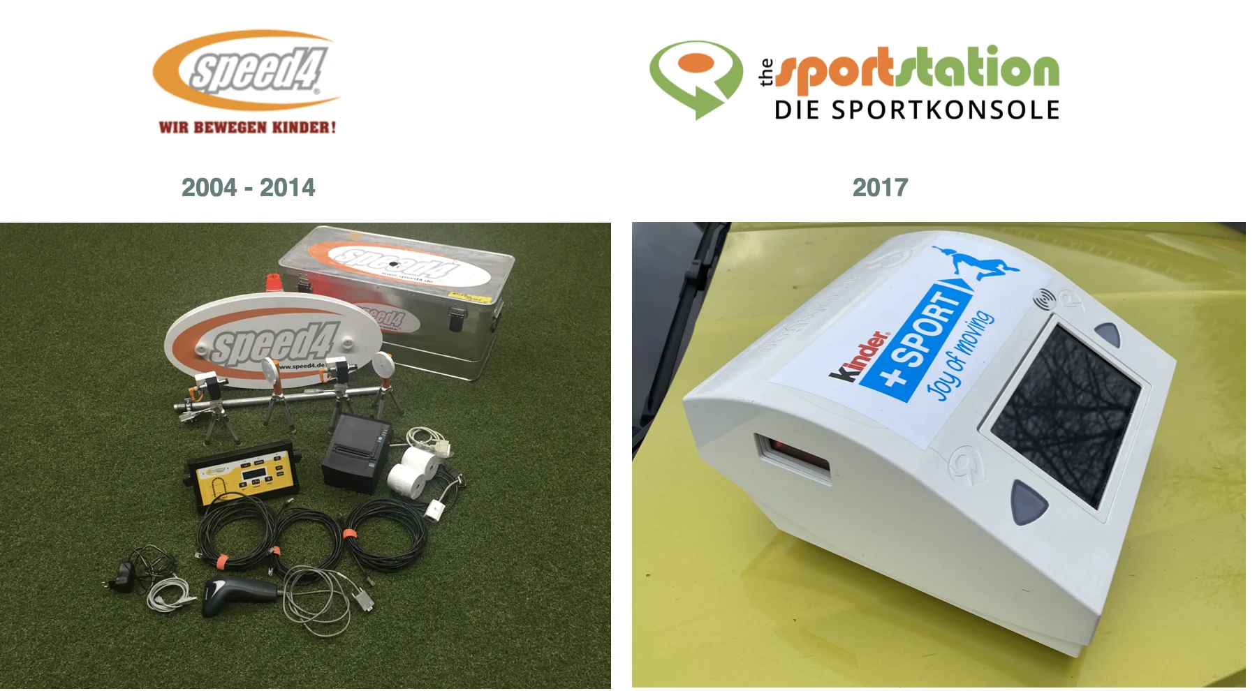 Historischer Gerätevergleich: speed4 mit Lichtschranken, Kabeln und Drucker links; erste sportstation von 2017 rechts